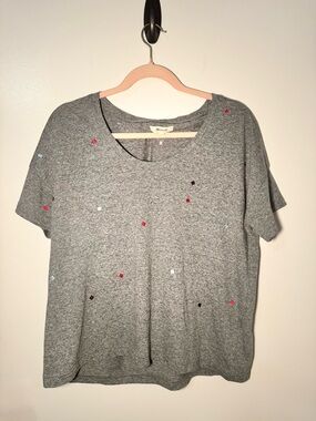 Madewell Heather Gray Short Sleeve Tee with Multicolored Embroidered Squares